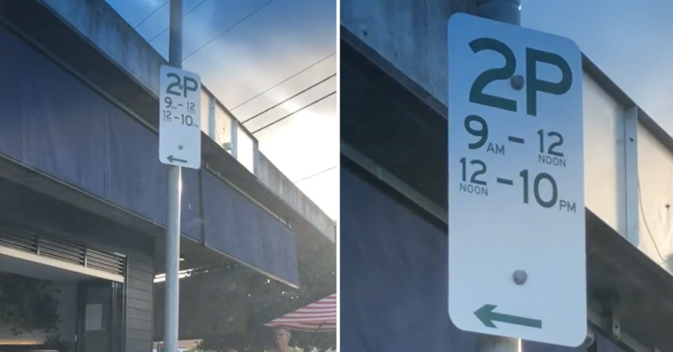 A parking sign states a two-hour parking limit between 9am and 12 noon and 12 noon and 10pm. 