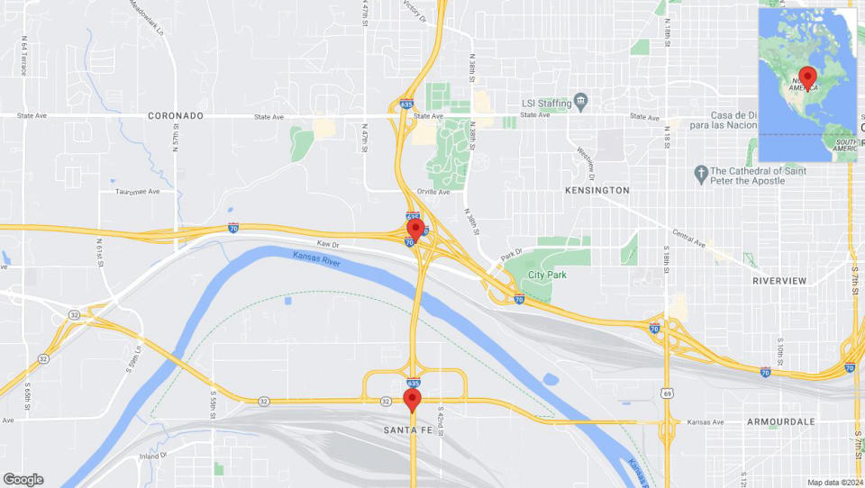 A detailed map that shows the affected road due to 'Lane on I-635 closed in Kansas City' on July 29th at 11:22 p.m.