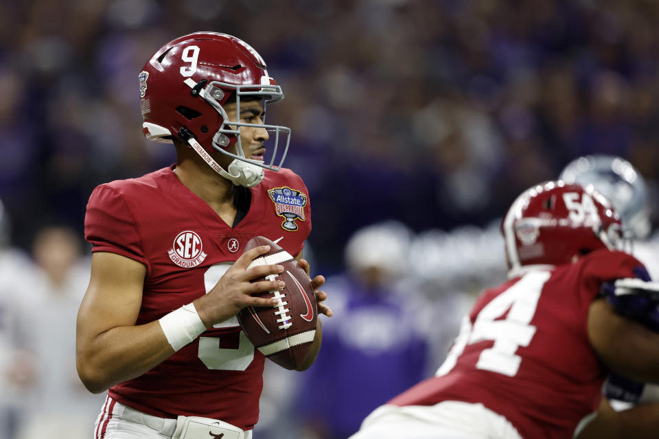 Alabama quarterback Bryce Young (9) looks to pass against Kansas State during the first half of the Sugar Bowl NCAA college football game Saturday, Dec. 31, 2022, in New Orleans. (AP Photo/Butch Dill)