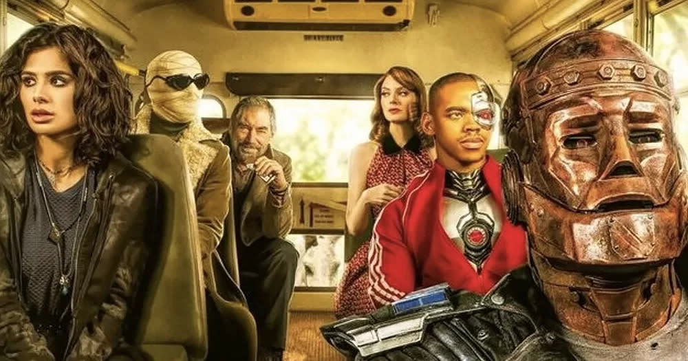 Shot from TV show Doom Patrol, with the main characters sitting on a bus.