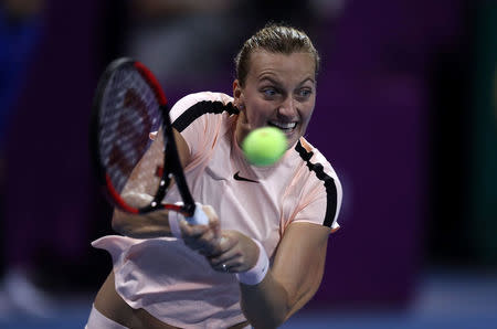 Tennis - WTA Premier 5 - Qatar Open - Semifinals - Doha, Qatar - February 17, 2018. Petra Kvitova of Czech Republic in action against Caroline Wozniacki of Denmark. REUTERS/Ibraheem Al Omari