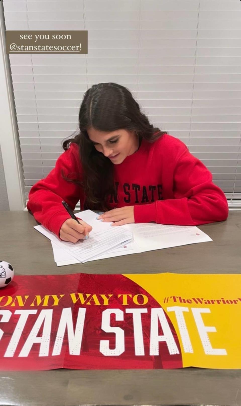 Oakdale High soccer player Kyndra Obermeyer signed to play college soccer locally at Stanislaus State on National Signing Day on Wednesday, Nov. 8, 2023.