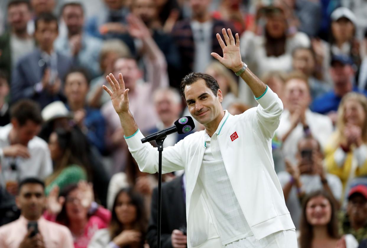 Roger Federer of Switzerland is interviewed after winning the men's singles fourth round match between Roger Federer of Switzerland and Lorenzo Sonego of Italy at Wimbledon tennis Championship in London, Britain, on July 5, 2021. (Photo by Han Yan/Xinhua via Getty Images)