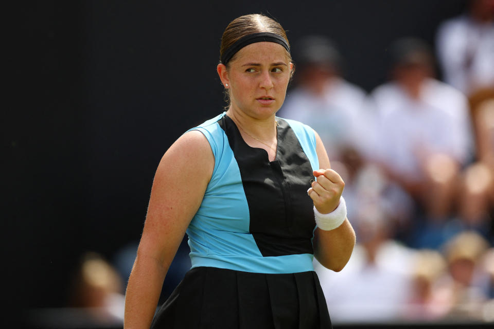 Tennis - WTA 250 - Birmingham Classic - Edgbaston Priory Club, Birmingham, Britain - June 24, 2023 Latvia's Jelena Ostapenko reacts during her semi final match against Russia's Anastasia Potapova REUTERS/Carl Recine