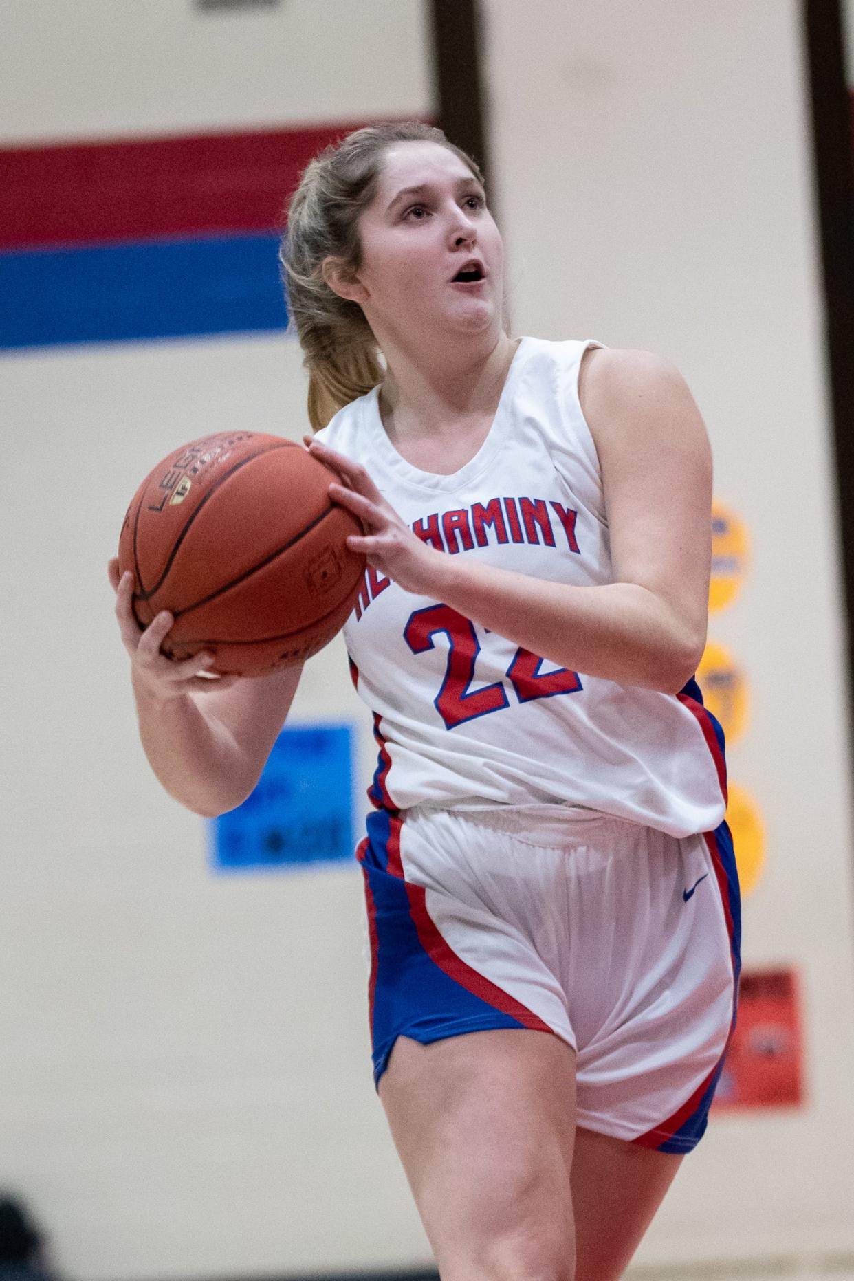 Neshaminy's Reese Zemitis drives toward the basket for a two-pointer on her way to breaking her school's all-time scoring record in a girls basketball game against Council Rock North, on Friday, February 2, 2024, at Neshaminy High School in Middletown.