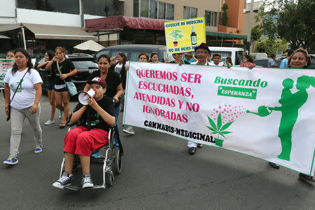 Anthony and his mother Ana Alvarez lead a protest in favour of the legalization of medical marijuana outside the Interior Ministry in Lima, Peru March 1, 2017. The banner reads: "We want to be heard, answered and not ignored. Legalize our medicine." REUTERS/Guadalupe Pardo