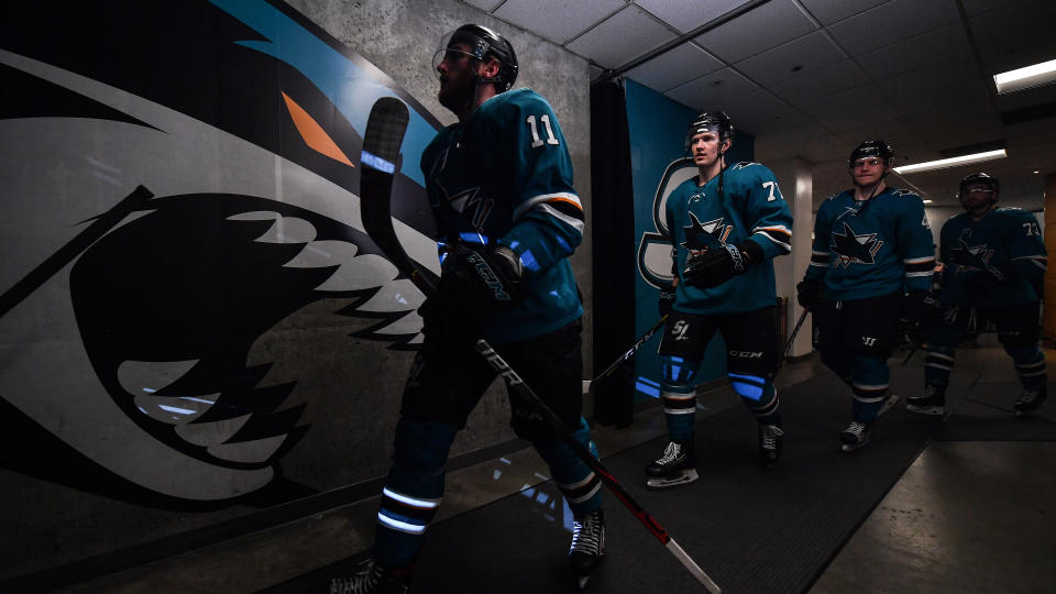 SAN JOSE, CA - MARCH 08:  Stefan Noesen #11 of the San Jose Sharks walks out onto the ice to face the Colorado Avalanche at SAP Center on March 8, 2020 in San Jose, California. (Photo by Brandon Magnus/NHLI via Getty Images)