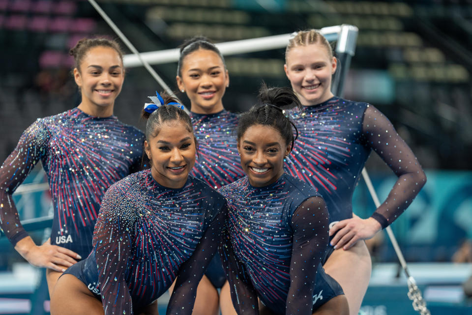 PARIS, FRANCE - JULY 25: The United States women's gymnastics team participates in podium practice at the Bercy Arena ahead of the Paris 2024 Olympic Games in Paris, France on July 25, 2024. (Photo by Aytac Unal /Anadolu via Getty Images)