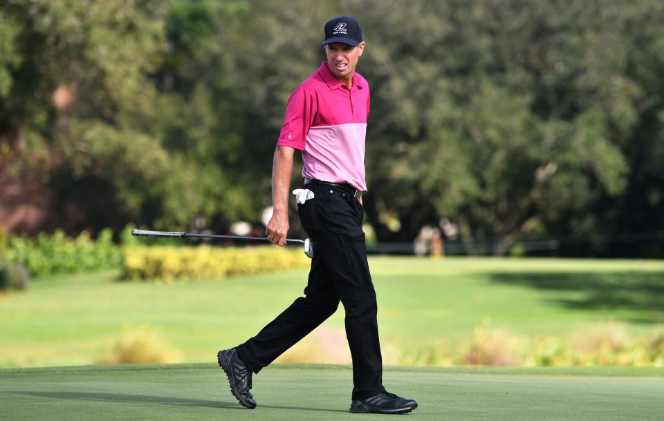 Steven Alker lines up his putt on the 16h hole during the second round of the TimberTech Championship at The Old Course at Broken Sound in Boca Raton on Nov. 6, 2021.