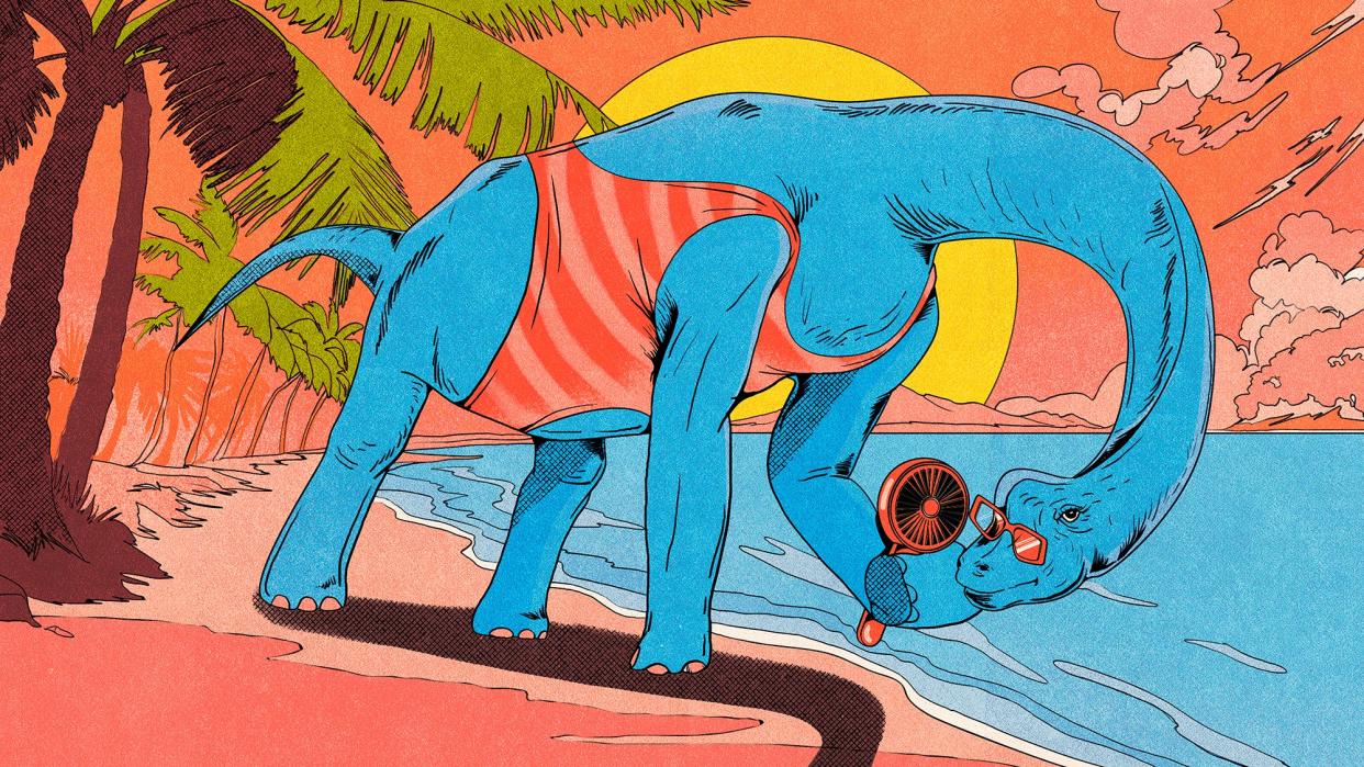 Brachiosaurus in bathing suit stands on a beach with a handheld fan to show that dinosaurs might have been warm-blooded. Illustrated.