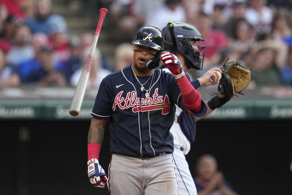 Atlanta Braves' Orlando Arcia flips his bat after striking out in the fourth inning of the team's baseball game against the Cleveland Guardians, Tuesday, July 4, 2023, in Cleveland. (AP Photo/Sue Ogrocki)