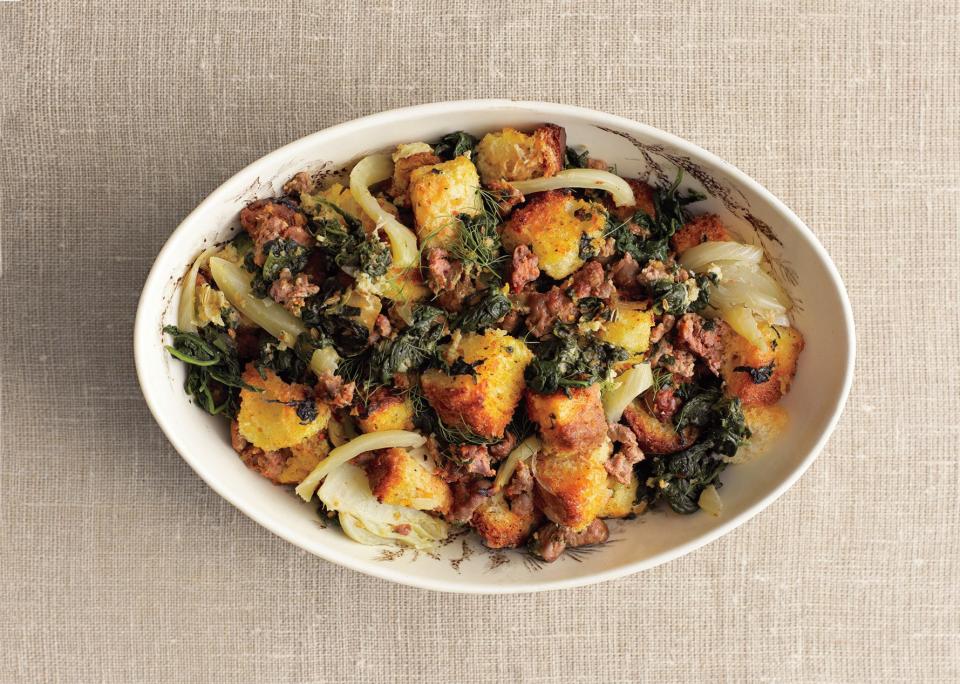 Spinach, Fennel, and Sausage Stuffing with Toasted Brioche