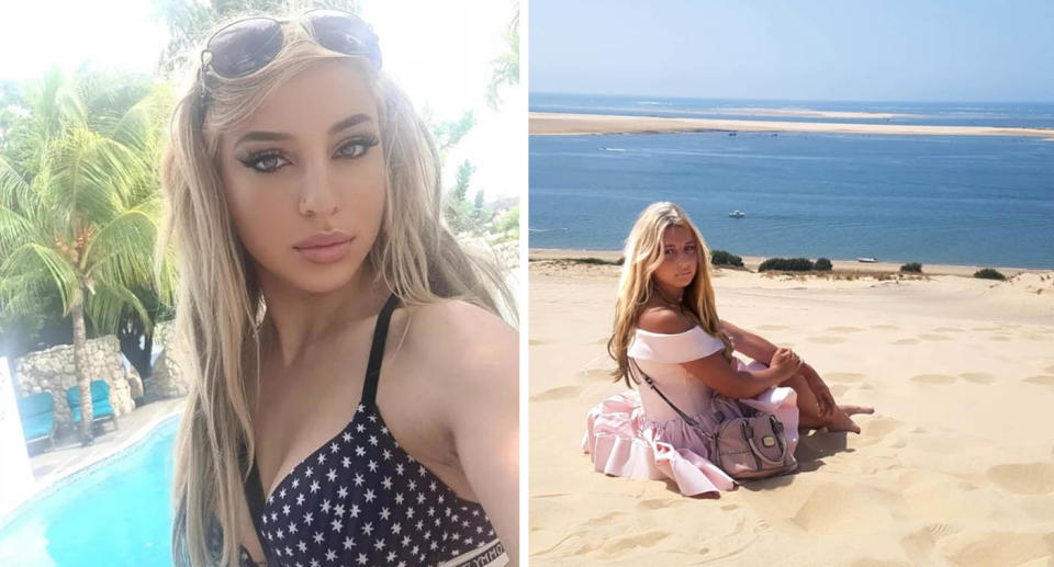 LEFT: Anastasia-Patricia Rubinska takes a selfie by the pool. RIGHT: Anastasia sits in a pink dress on a sand dune.
