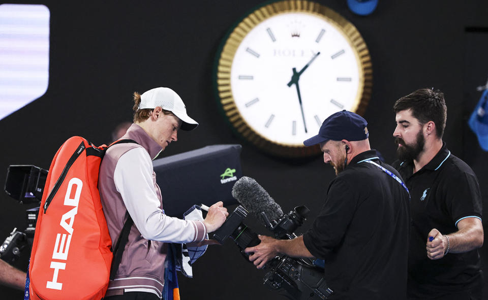 Jannik Sinner, pictured here after beating Andrey Rublev at the Australian Open.