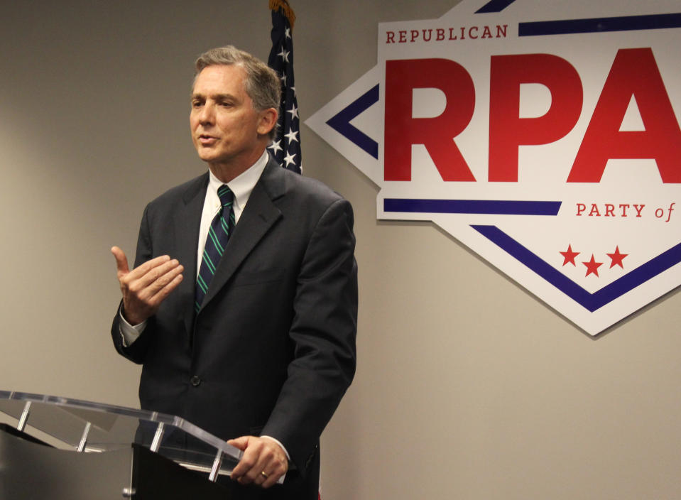In this Aug. 27, 2018, photo, Republican U.S. Rep. French Hill talks at a news conference at the Republican Party of Arkansas headquarters in Little Rock, Ark. Hill is being challenged in Arkansas' 2nd Congressional District by Democrat Clarke Tucker, a state representative. (AP Photo/Andrew DeMillo)