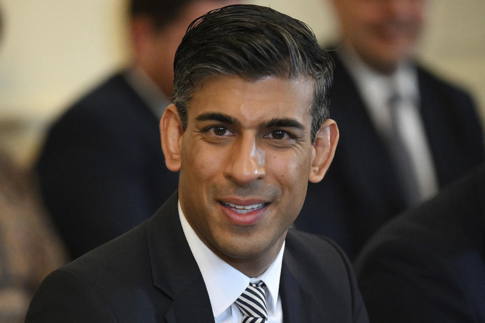 FILE - Britain's Chancellor of the Exchequer Rishi Sunak attends a cabinet meeting at 10 Downing Street, London, May 24, 2022. Britain’s Conservative Party will choose two finalists on Wednesday, July 20, 2022, in the contest to replace Boris Johnson, as the divisive, unrepentant leader makes his final appearance in Parliament as prime minister. (Daniel Leal/Pool via AP, File)