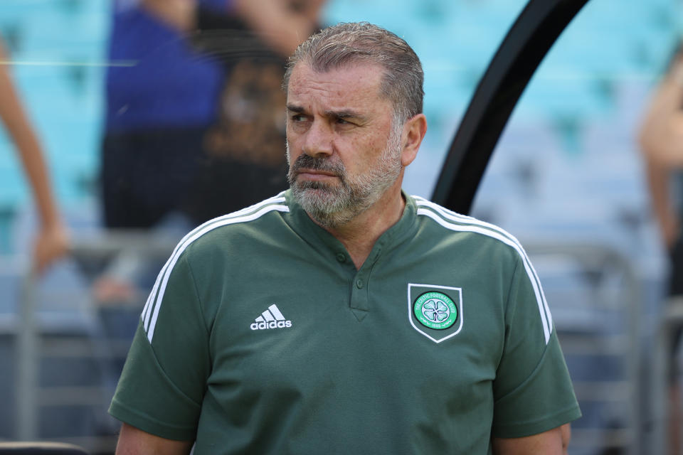 Seen here, Celtic manager Ange Postecoglou looks on during a game against Everton.