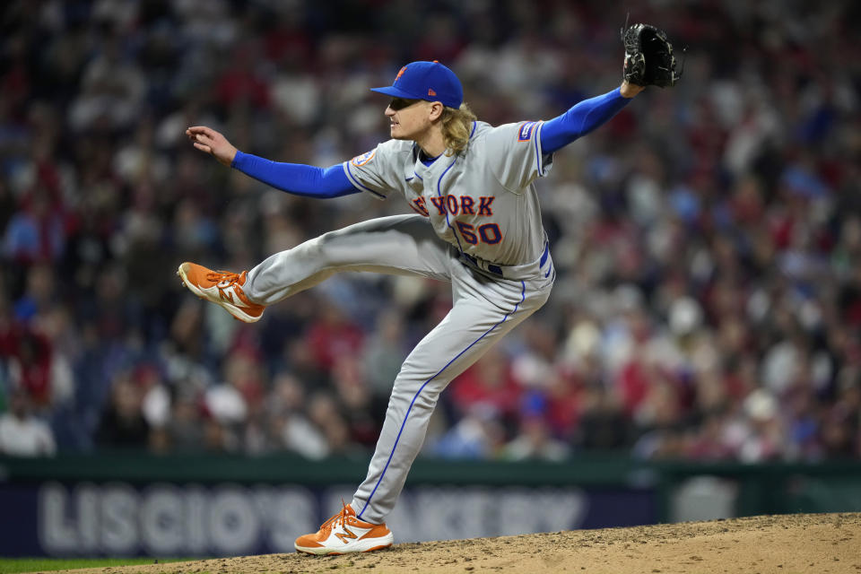 New York Mets' Phil Bickford pitches during the seventh inning of a baseball game against the Philadelphia Phillies, Friday, Sept. 22, 2023, in Philadelphia. (AP Photo/Matt Slocum)