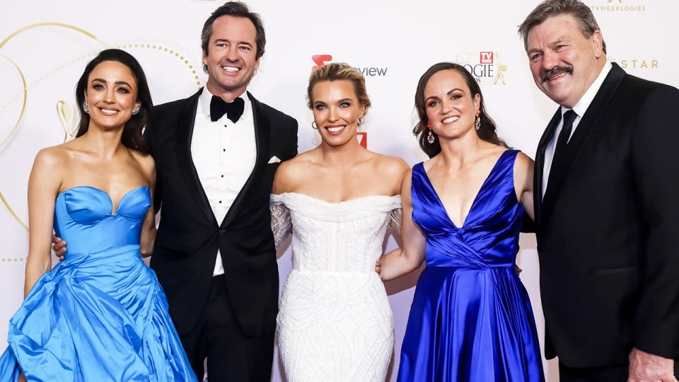 Abbey Gelmi, Hamish McLachlan, Abbey Holmes, Daisy Pearce and Brian Taylor, pictured here at the Logies in 2022. 