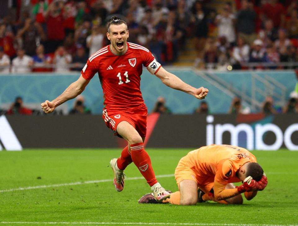 Wales’ Gareth Bale celebrates scoring their equaliser v USA (REUTERS)