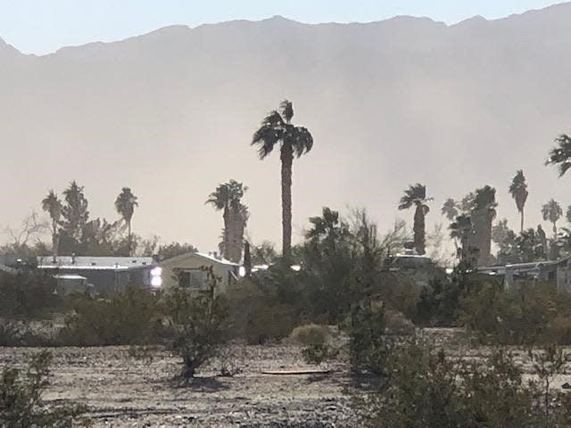 Fugitive dust from the Oberon commercial solar construction project, one-half mile south of Lake Tamarisk retirement community in Desert Center, CA. Taken December 11, 2022 at 9:30am during 16 mph southwest winds, with gusts to 30 mph.