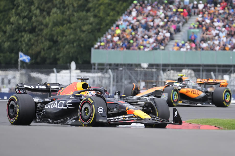 Red Bull driver Max Verstappen of the Netherlands steers his car during the British Formula One Grand Prix race at the Silverstone racetrack, Silverstone, England, Sunday, July 9, 2023. (AP Photo/Luca Bruno)