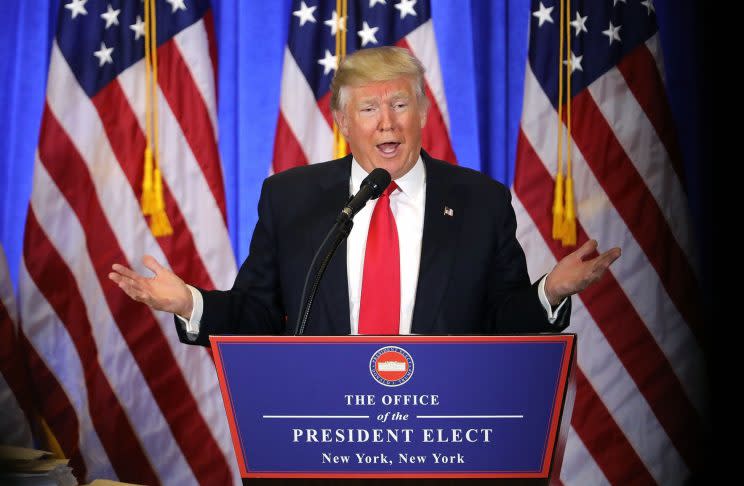 Trump speaks at a press conference at Trump Tower in New York City last week — his first since the November elections. (Spencer Platt/Getty Images)