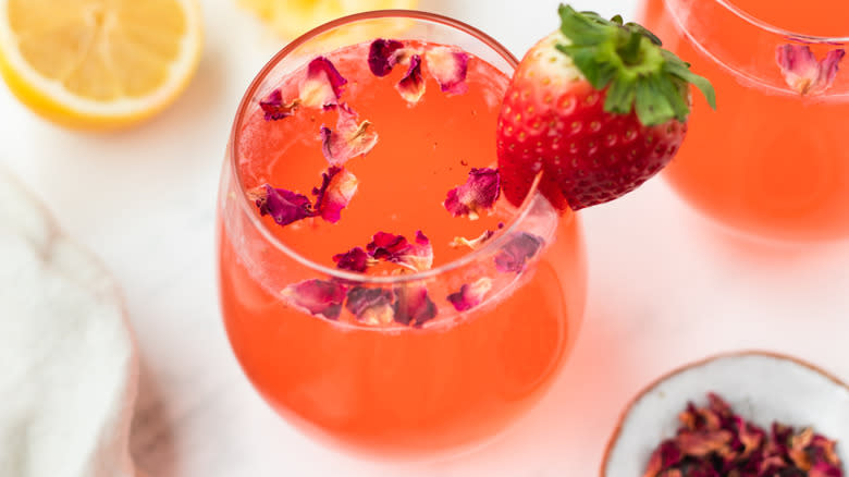 Close up of strawberry rose cocktail