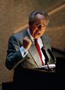 <p>Israeli Foreign Minister Shimon Peres clenches his fist as he tells members of the Knesset on Thursday, September 9, 1993 in Jerusalem that an agreement with the Yasser Arafat-led PLO could be wrapped up “during the day.” (AP Photo/Jaqueline Arzt) </p>