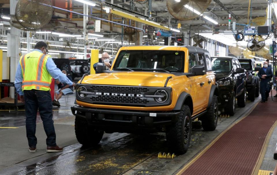 Ford said it will increase production of gas-powered Bronco SUVs, above, and Ranger pickups. REUTERS