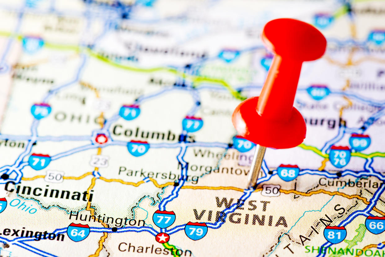 Pin place on West Virginia on U.S. map. (Getty Images)