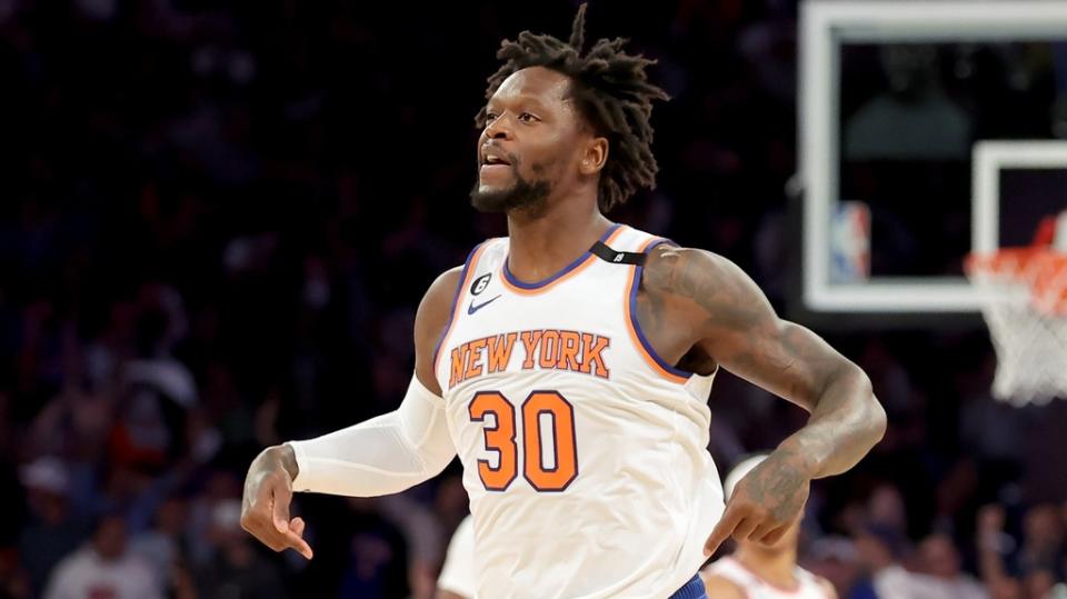 May 2, 2023; New York, New York, USA; New York Knicks forward Julius Randle (30) reacts after a three point shot against the Miami Heat during the second quarter of game two of the 2023 NBA Eastern Conference semifinal playoffs at Madison Square Garden. After review the shot was changed to a two point basket.