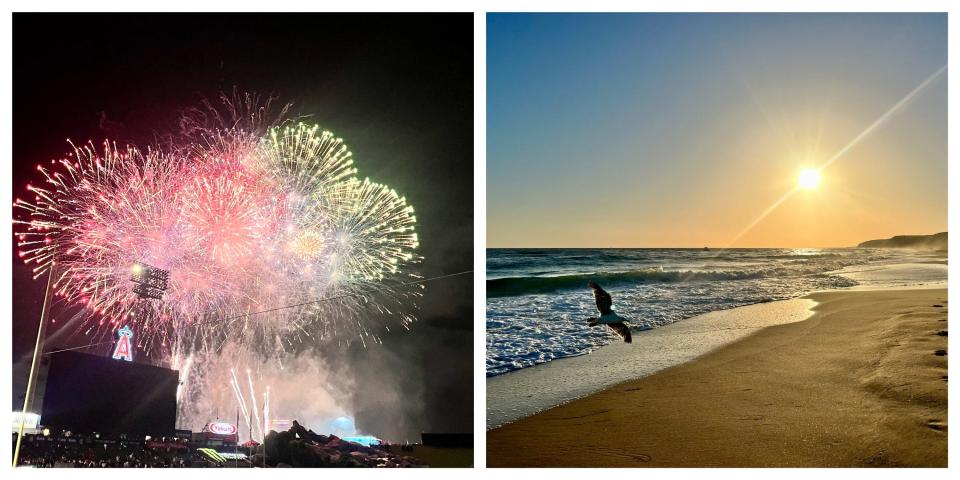 A photo of fireworks next to a photo of a California beach