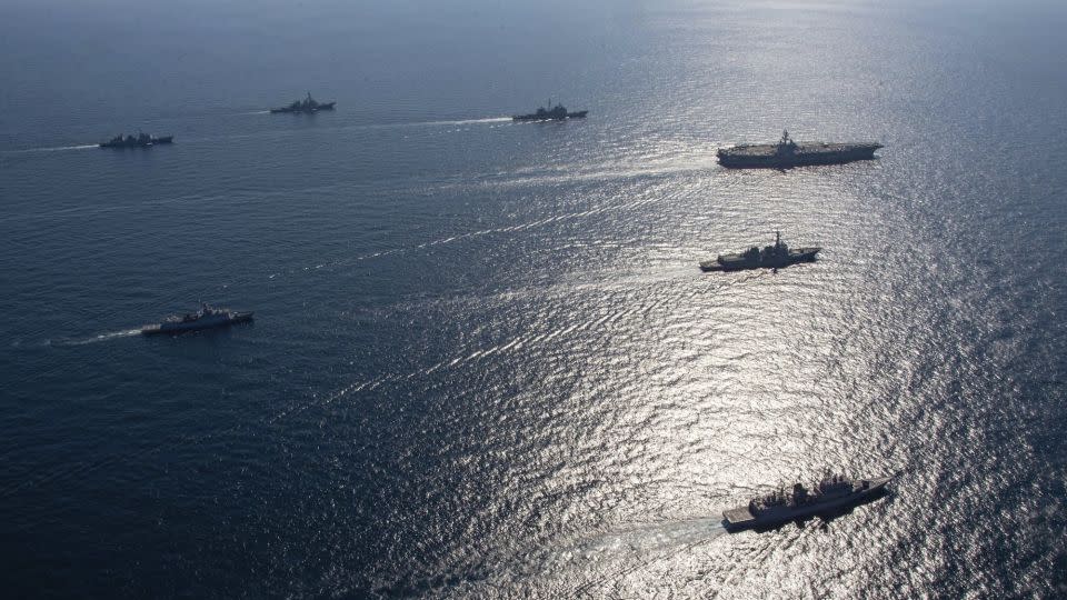 American aircraft carrier USS Ronald Reagan and other US and South Korean ships participate in joint exercises in waters off South Korea's eastern coast in 2022. - South Korea Navy/Yonhap/AP