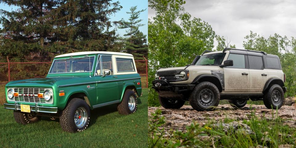 A 1971 Ford Bronco and a 2022 Ford Bronco