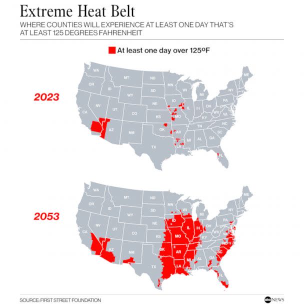 PHOTO: Extreme Heat Belt (ABC News Photo Illustration, First Street Foundation)