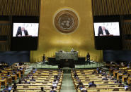 Palestinian President Mahmoud Abbas via remote addresses the 76th Session of the U.N. General Assembly at United Nations headquarters in New York, on Friday, Sept. 24, 2021. ( John Angelillo /Pool Photo via AP)