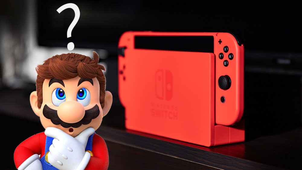  A Super Mario edition Nintendo Switch beside an image of Mario looking confused  