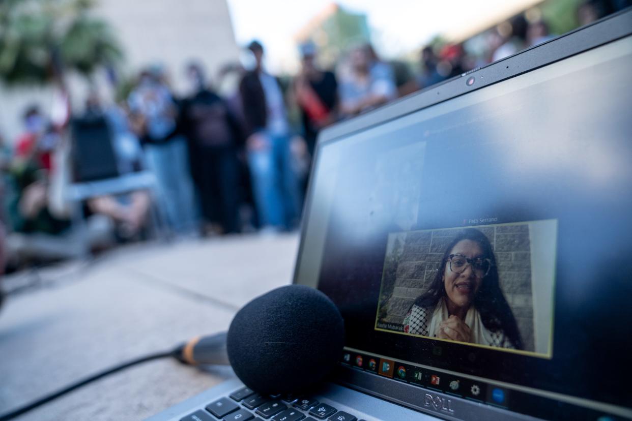 Congresswoman Rashida Tlaib speaks to activists through a virtual Zoom call after her visit to Arizona State University to speak on Palestine was canceled by the campus in Tempe on Nov. 17, 2023.