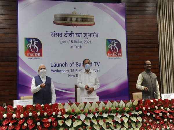 Prime Minister Narendra Modi, Vice President M. Venkaiah Naidu and Lok Sabha Speaker Om Birla at the launch event of Sansad TV (Photo/ANI)