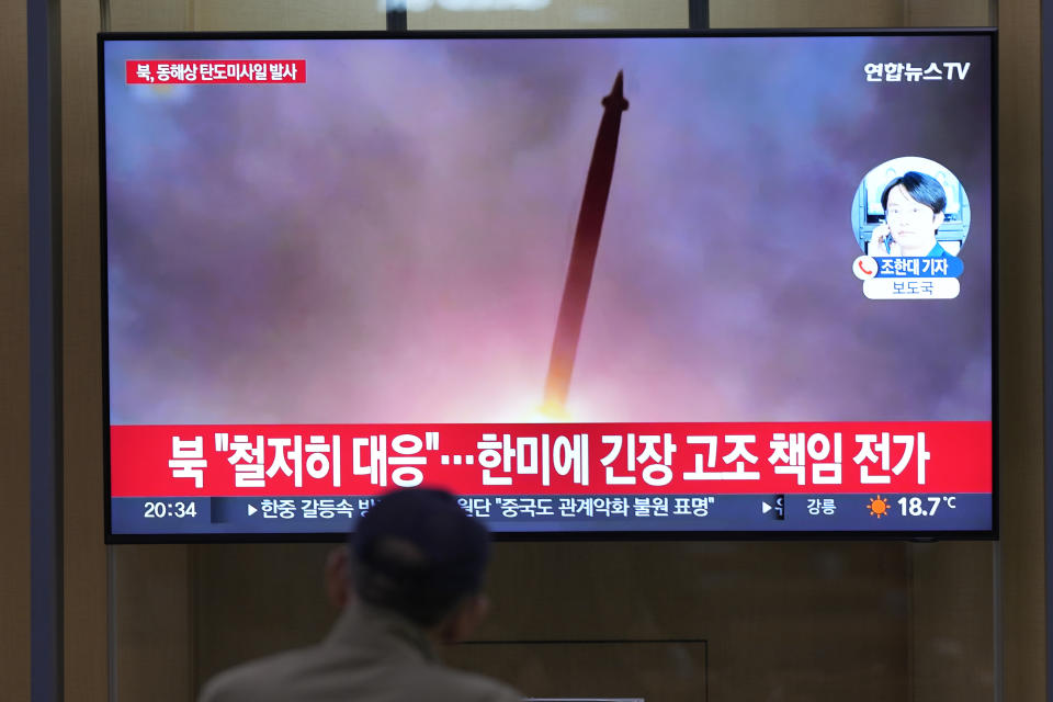 A TV screen shows a report of North Korea's missile launch with file image during a news program at the Seoul Railway Station in Seoul, South Korea, Thursday, June 15, 2023. North Korea test-fired a ballistic missile off its east coast on Thursday, hours after South Korean and U.S. troops ended a fifth round of large-scale live-fire drills near the Koreas' heavily fortified border. The letters read " North Korea, launched ballistic missile to east coast." (AP Photo/Lee Jin-man)