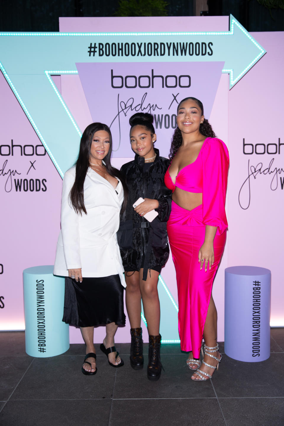 Boohoo X Jordyn Woods launch with Jordyn's mum, Elizabeth Woods, and younger sister Jodie Woods