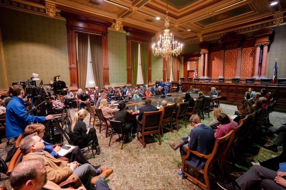 Iowans pack the Capitol as the House holds a public hearing on private school scholarships bill, Tuesday, Jan. 17, 2023.