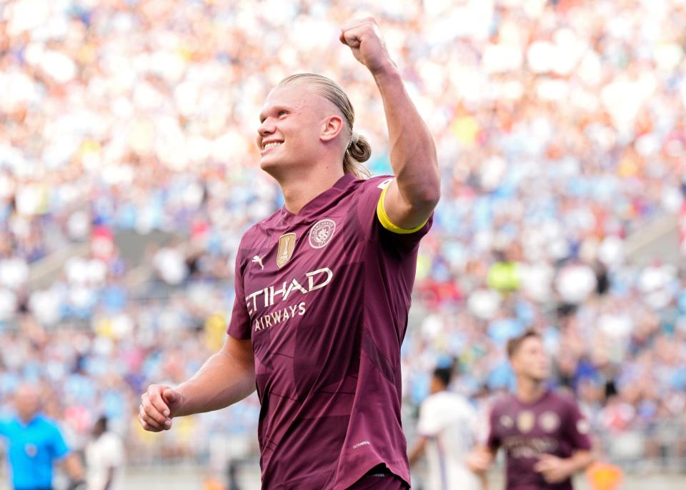 COLUMBUS, OHIO - AUGUST 03: Erling Haaland #9 of Manchester City reacts after scoring in the second half of a pre-season match against Chelsea at Ohio Stadium on August 03, 2024 in Columbus, Ohio. (Photo by Jeff Dean/Getty Images)