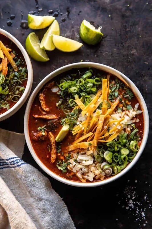 <p>Half Baked Harvest</p><p>You had us at salty lime chips!</p><p><strong>Get the recipe: <a href="https://www.halfbakedharvest.com/chicken-tortilla-soup/" rel="nofollow noopener" target="_blank" data-ylk="slk:Slow Cooker Chipotle Chicken Tortilla Soup with Salty Lime Chips;elm:context_link;itc:0;sec:content-canvas" class="link rapid-noclick-resp">Slow Cooker Chipotle Chicken Tortilla Soup with Salty Lime Chips</a></strong></p>