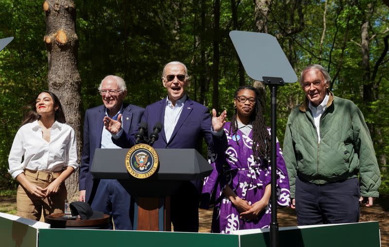 U.S. President Joe Biden delivers remarks to commemorate Earth Day, in Triangle