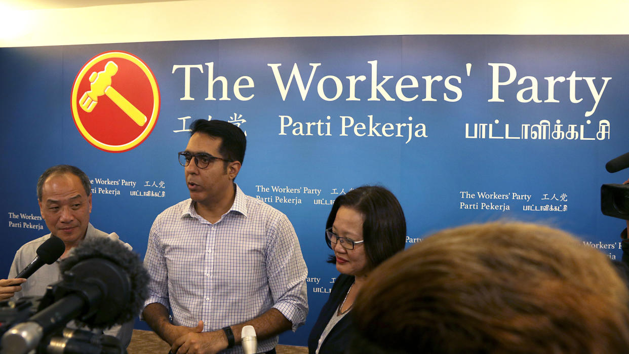 Newly elected Workers' Party chief Pritam Singh addresses the media alongside former chief Low Thia Khiang and party chairman Sylvia Lim following the party's internal elections on Sunday (8 April). (PHOTO: Dhany Osman / Yahoo News Singapore)