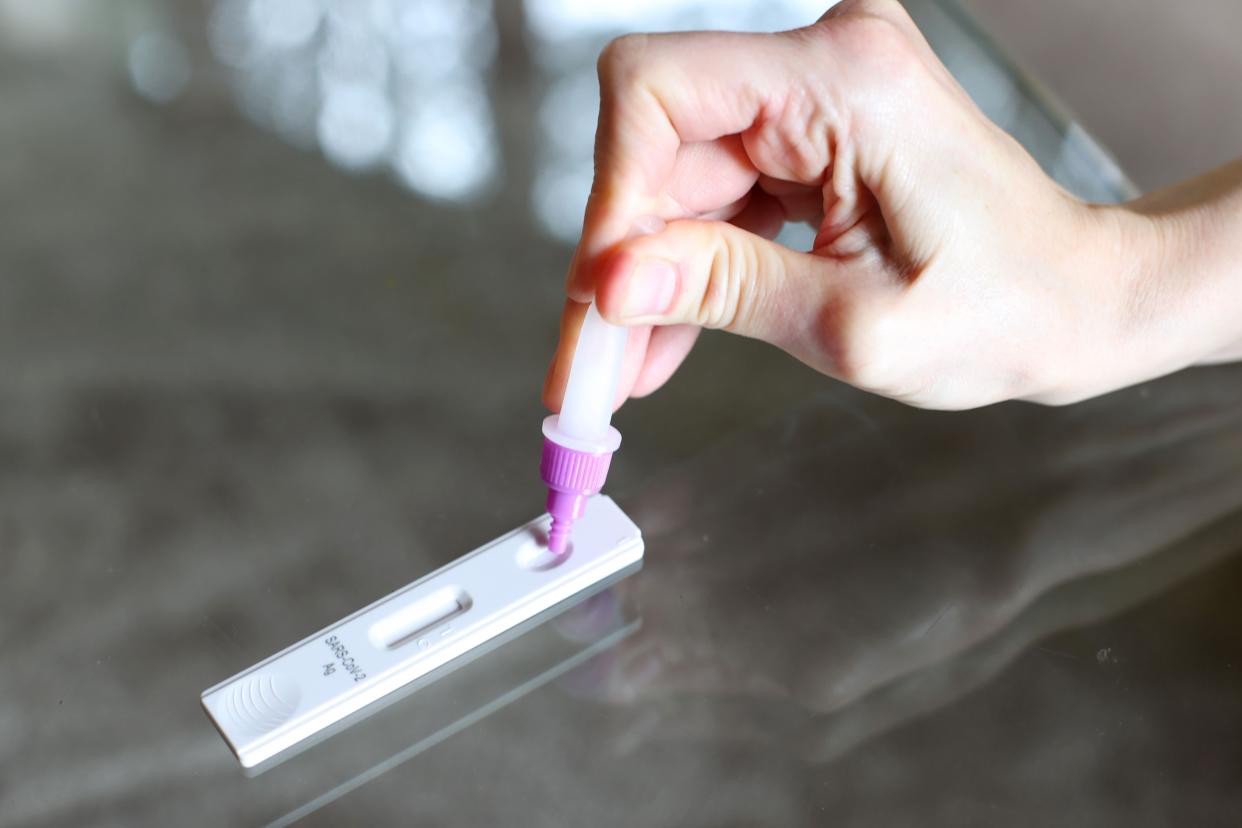 A person displays the use of a COVID-19 rapid antigen test kit at home on October 07, 2021 in Auckland, New Zealand.