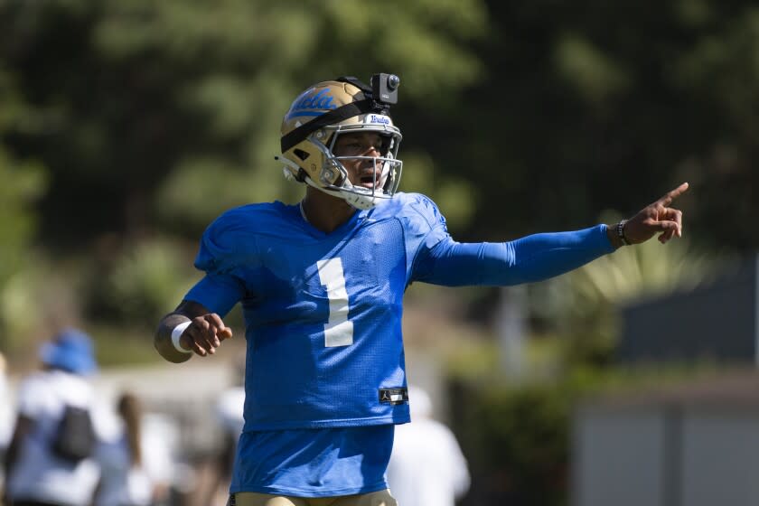 Los Angeles, CA - April 23: UCLA quarterback Dorian Thompson-Robinson gestures.