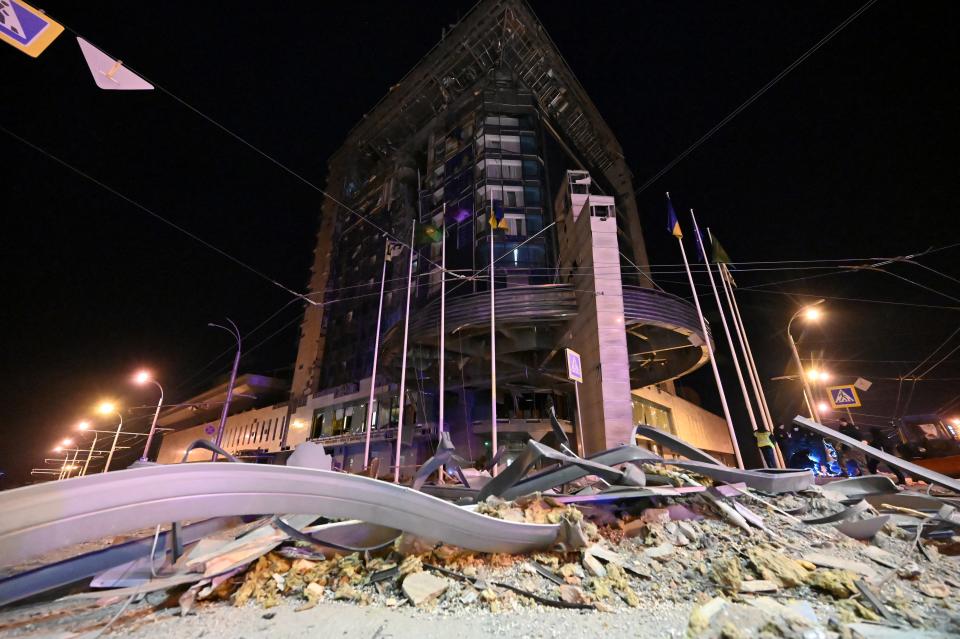 This photograph from Dec. 30, 2023, shows the damaged Kharkiv Palace Hotel following a Russian missile strike.